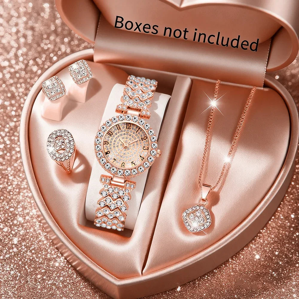 5PCS Elegant Women's Quartz Watch Rhinestone Jewelry Set Luxury Bracelet Strap Wristwatches for Girls Clock（Without Box）