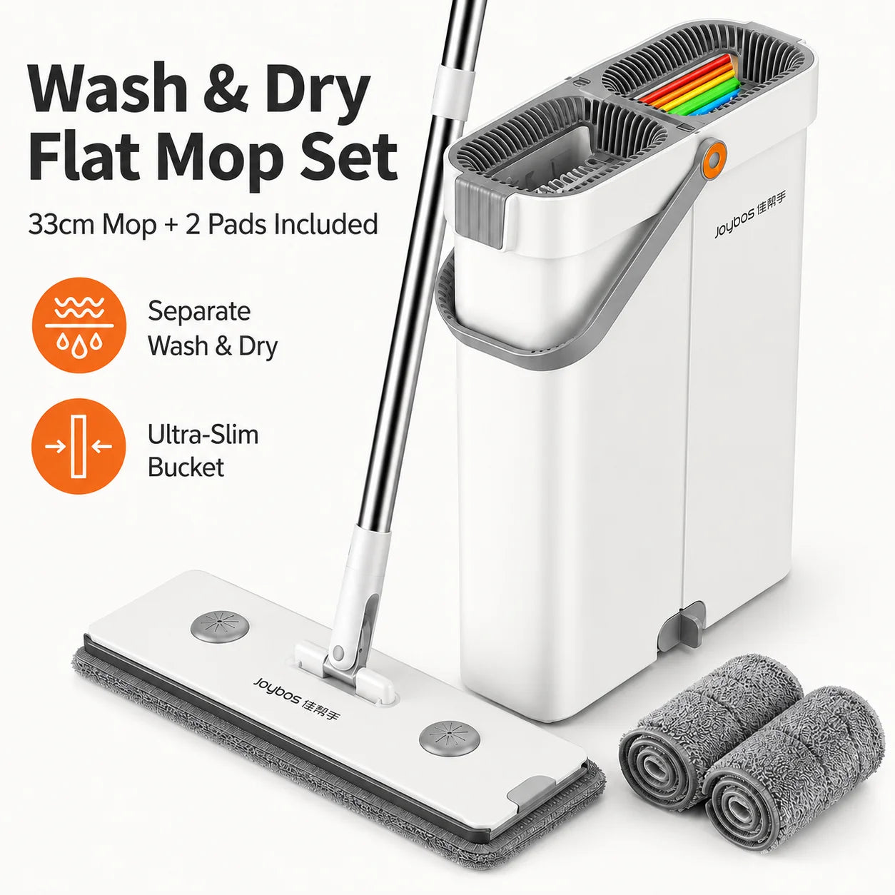 Joybos Ultra-Slim Flat Mop and Bucket System, Hands-Free Wash & Dry Floor Mop Set with 2 Microfiber Pads, 360° Swivel Mop with Squeegee Edge for Hardwood Tile Laminate