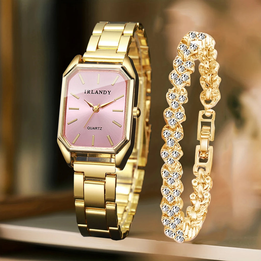 2PCS Fashion Rectangle Women Quartz Watch Rhinestone Bracelet Set Elegant Ladies Wristwatches Relogio Feminino（Without Box）