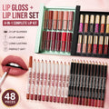 Lip Makeup Gift Set Women's 24-Color Glossy Lip Gloss & 24-Piece Lip Liner Cosmetic Set, Nude Pink Brown Red Makeup Gift Set Flawless Summeressentials
