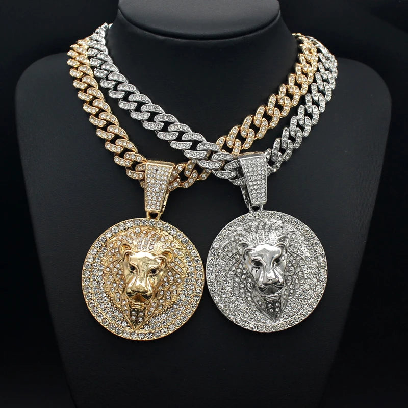 Hip Hop Big Lion Head Pendant Necklace Cuban Chain Necklace For Women Men Iced Out Full Rhinestone Necklace Jewelry Gifts