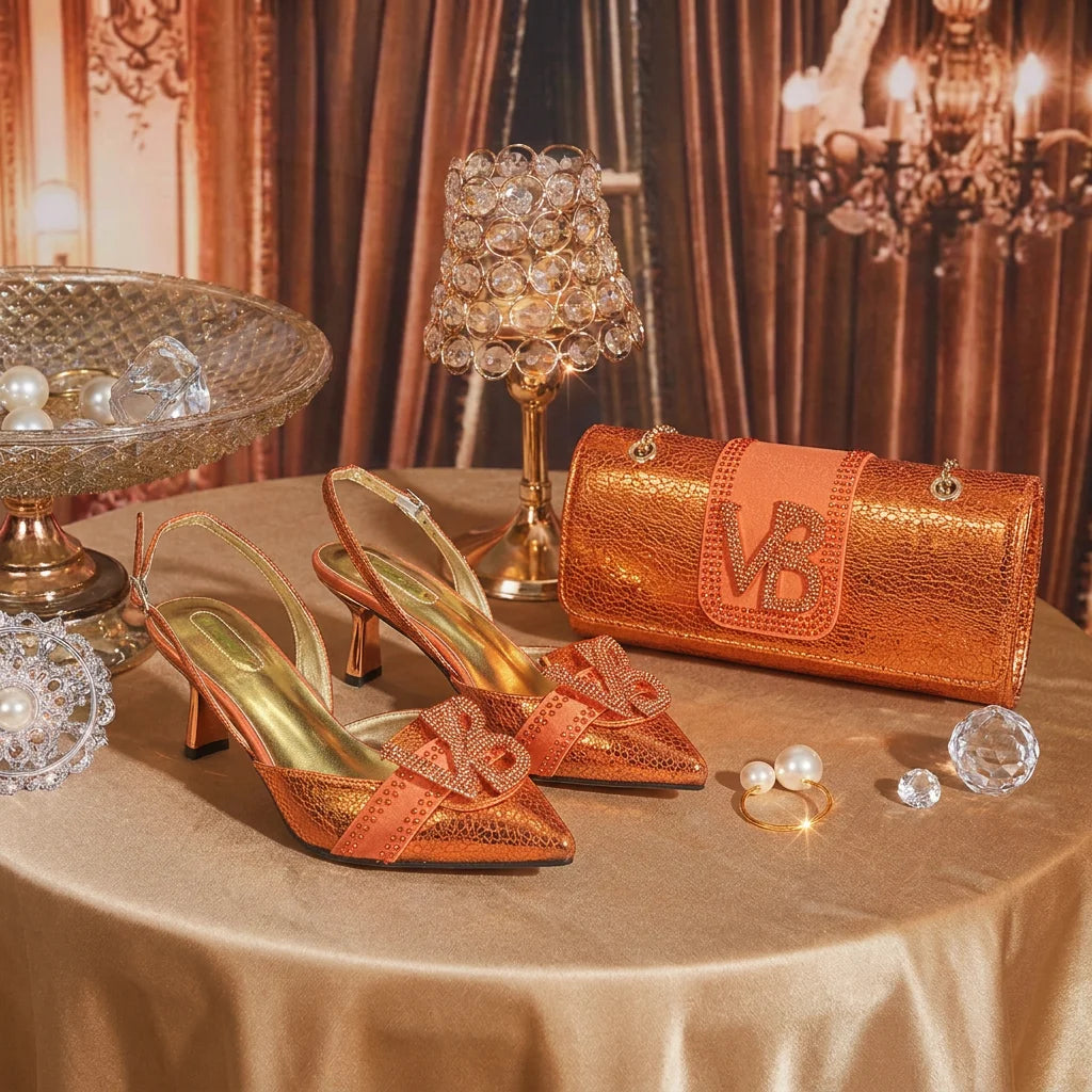 2026 Orange Slingback Shoe & Bag Set Rhinestone VB Letter Decor Pointed Toe High Heels for Wedding Evening Party Occasions