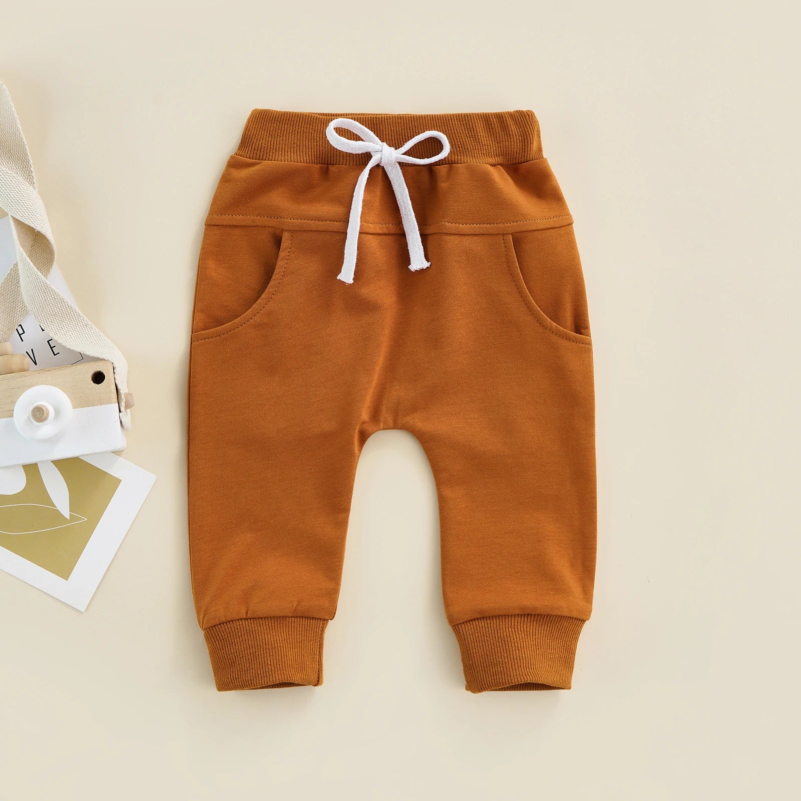 Newborn Baby Boys Girls Trousers, Elastic Waist Adjustable Drawstring Plain Leisure Style Loose Fit Long Pants 0-3T