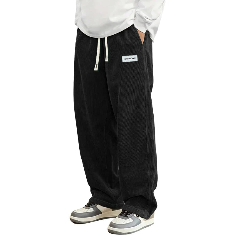Autumn Mens Corduroy Casual Pants Fashion Loose Fit Pants Straight Sweatpants Elastic Waist Drawstring Outdoor Streetwear