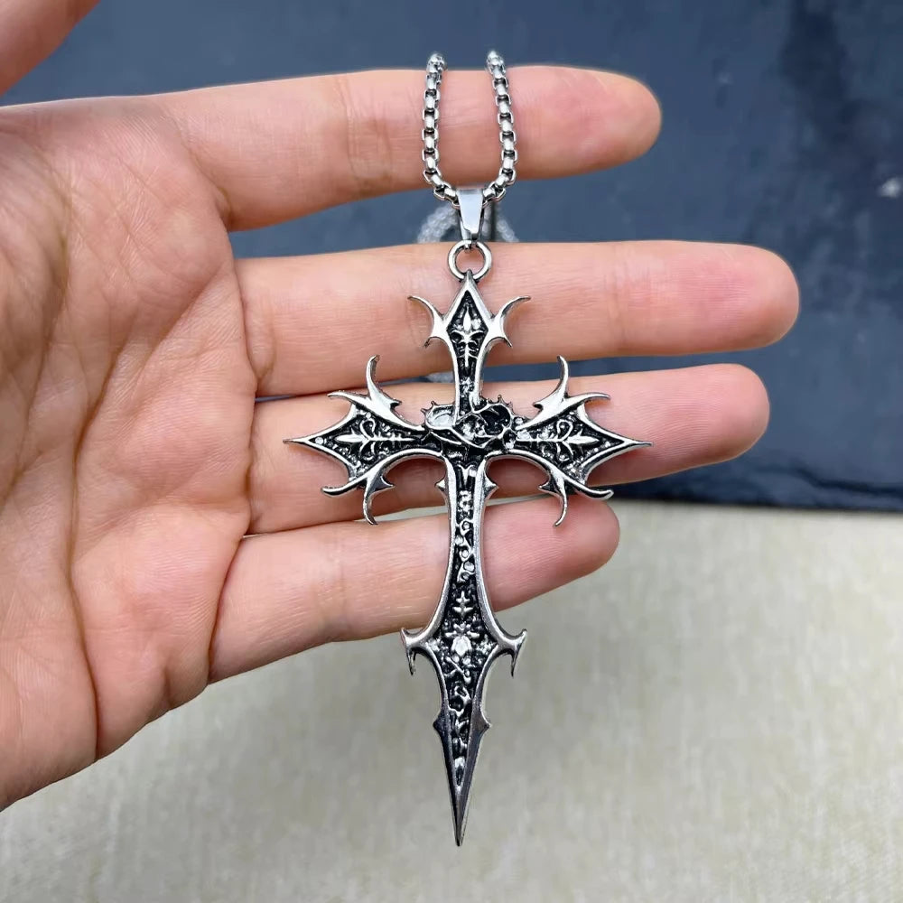 Gothic Double Sided Cross Pendant Necklace Niche Personality Design Hip Hop Retro Punk Accessories