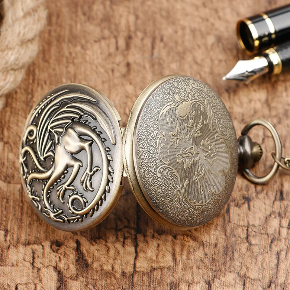 Three-headed Dragon Quartz pocket Watch Vintage Bronze Fire Monster necklace Vintage antique watch