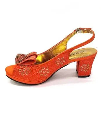 2026 Elegant Orange Peep-Toe Women Heel Pumps Italian Rhinestone Shoes & Bags Matching Set For Wedding Party Evening Occasions