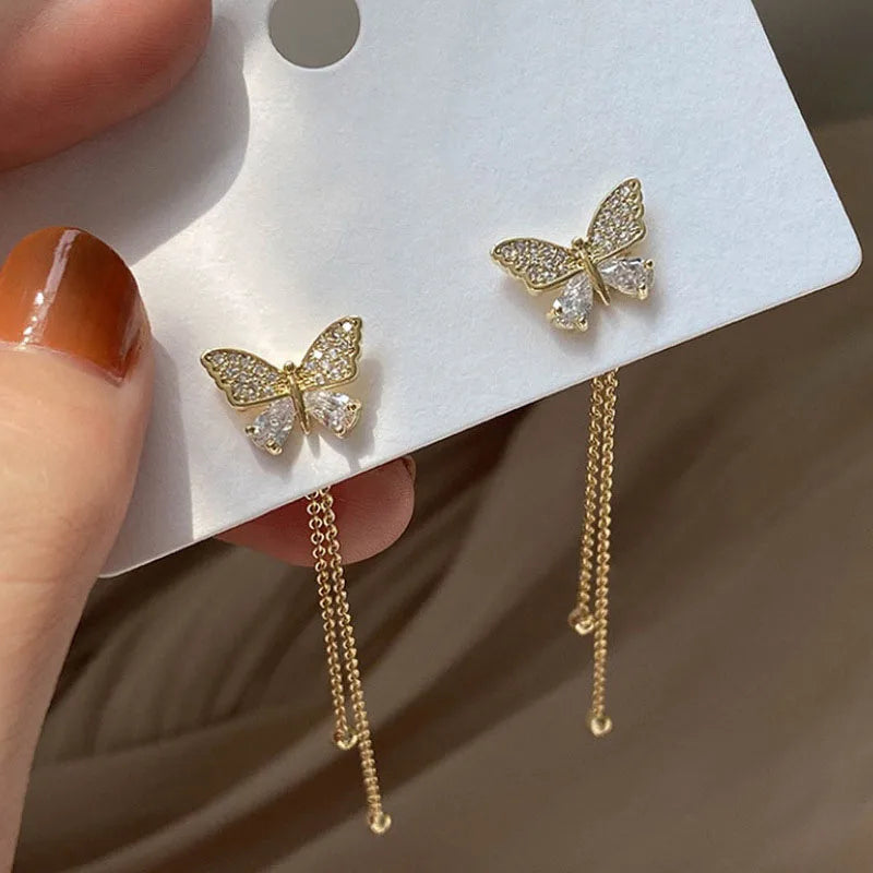 Exquisite Butterfly Long Tassel Earrings Two Ways To Wear Rhinestone Drop Earings For Women Party Wedding Jewelry Gifts K-