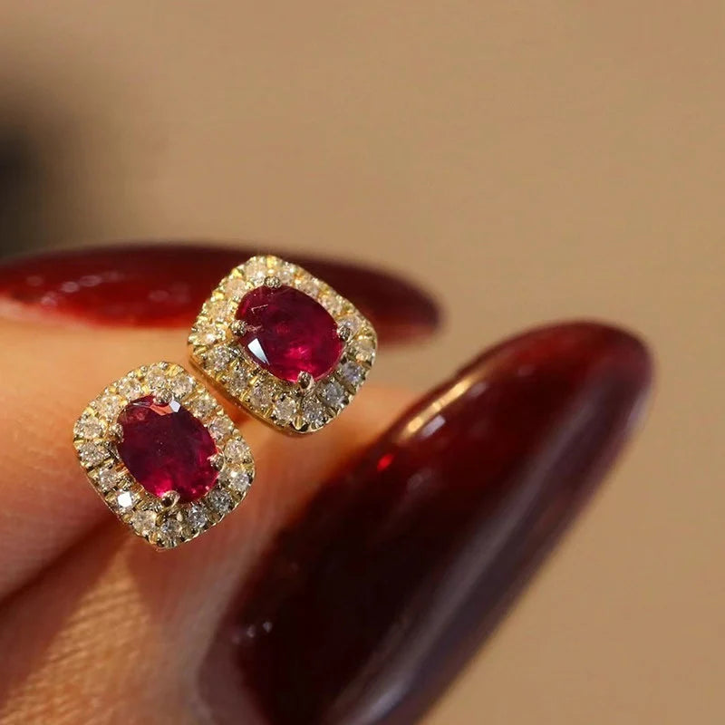 Huitan Fashion Red Cubic Zirconia Stud Earrings Luxury Gold Color Wedding Ear Accessories for Women Versatile Jewelry Wholesale