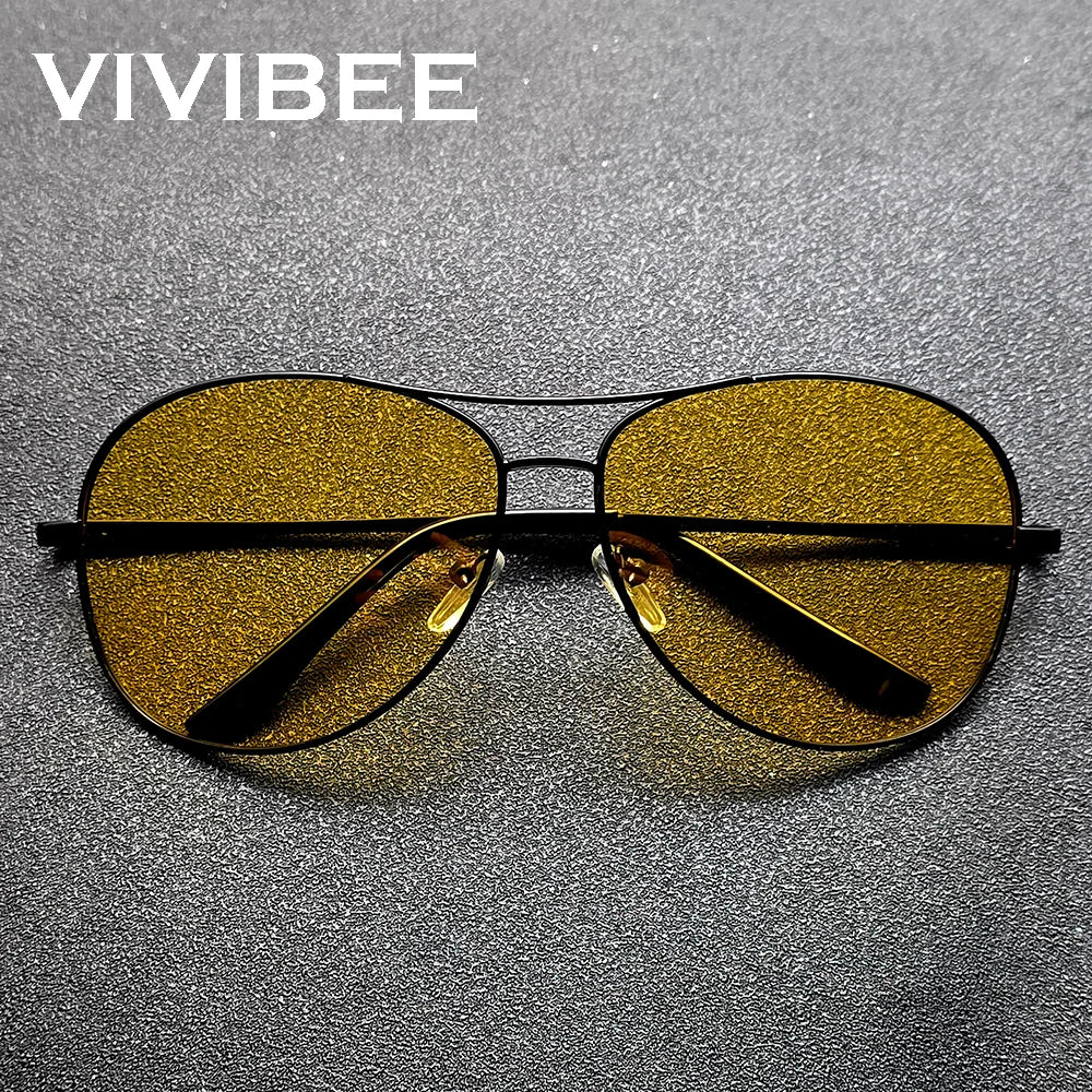 VIVIBEE Metal Aviation Night Vision Glasses for Men Driving Yellow Polarized UV400 Lens Pilot Goggles Nightvision Sunglasses