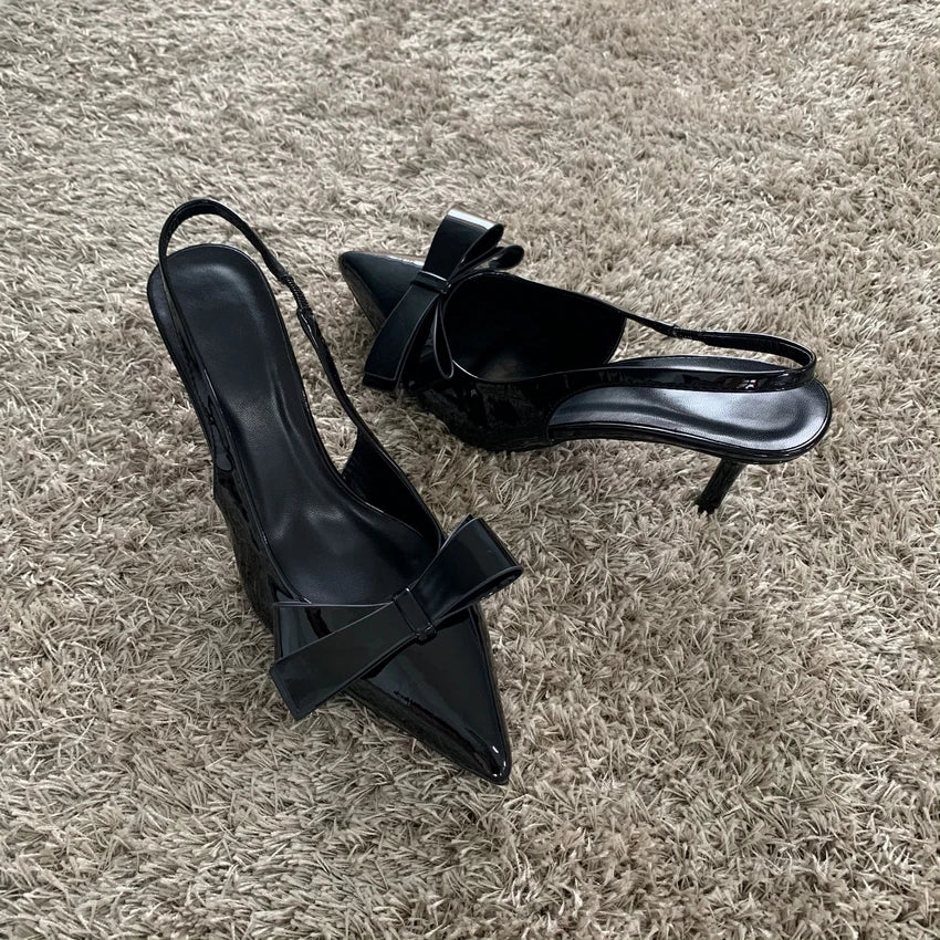 Women Black Bow High Heels Slingback Pointed toe Heeled for Woman Pumps Wedding Butterfly High heels Ladies Office Modern Heels