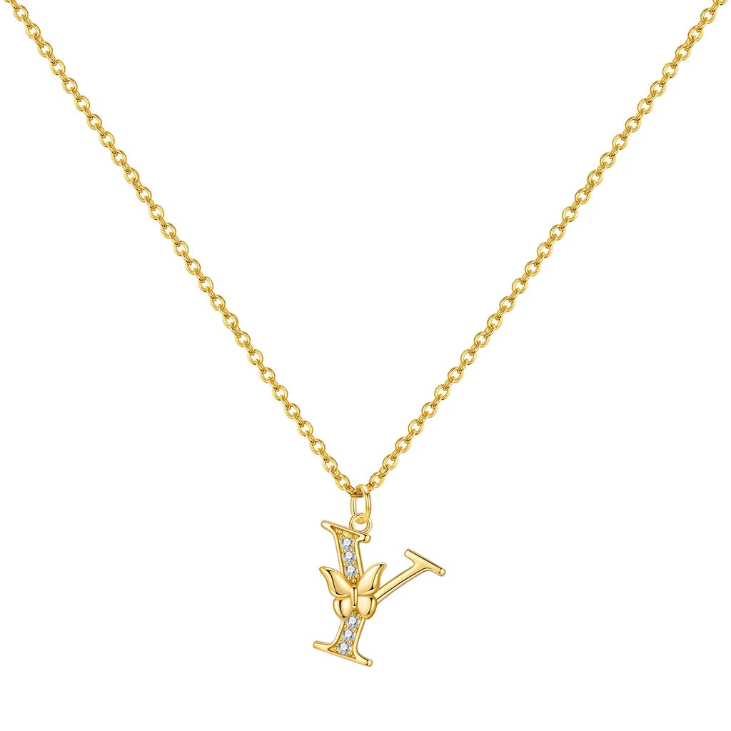 Original 925 Sterling Silver 18K Gold Zircon Butterfly A-Z 26 Letter Y-shaped Chain Necklace For Women Commemorate Jewelry Gift