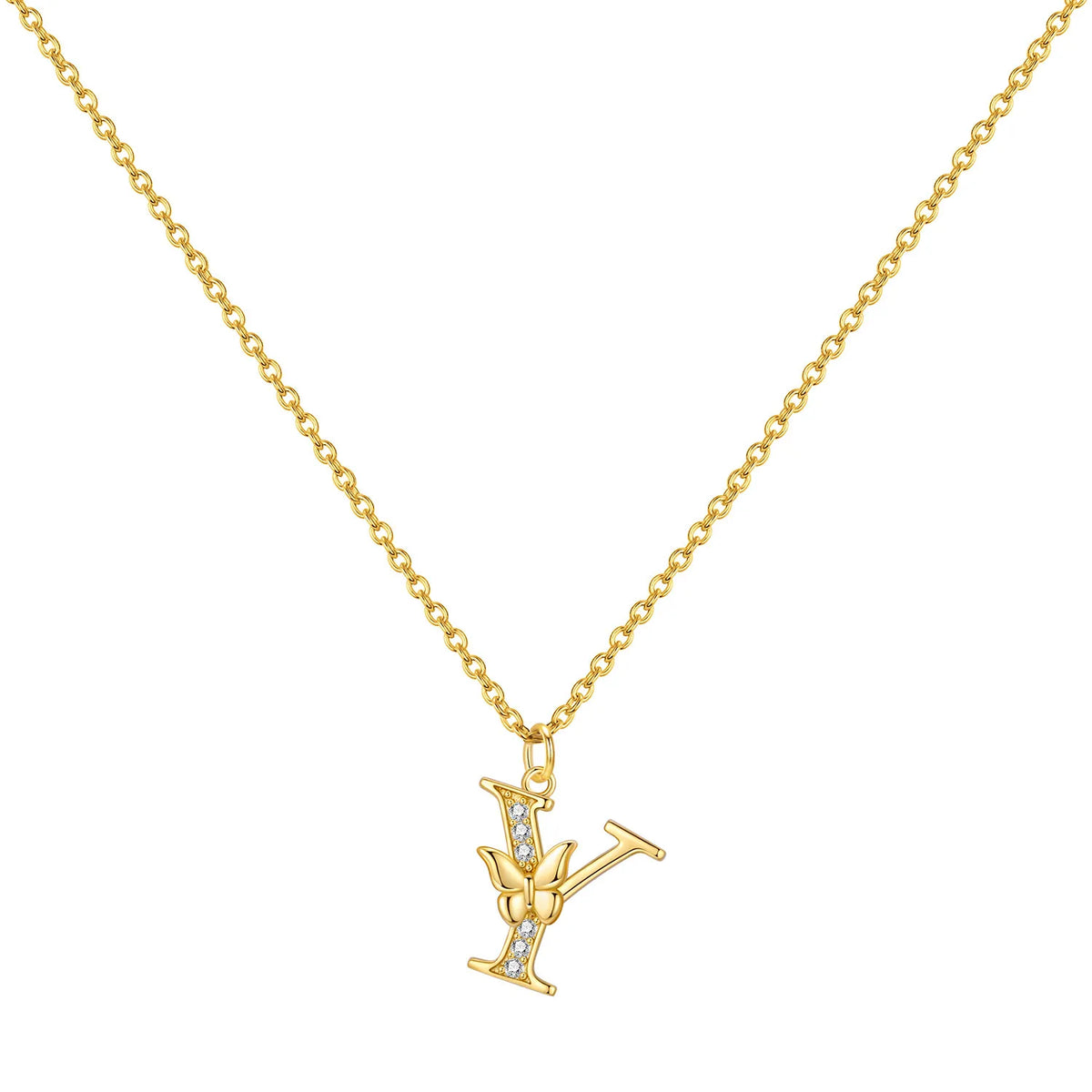 Original 925 Sterling Silver 18K Gold Zircon Butterfly A-Z 26 Letter Y-shaped Chain Necklace For Women Commemorate Jewelry Gift