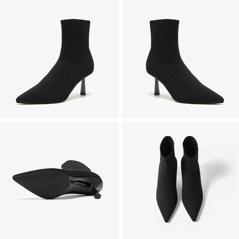BEAUTODAY High Heel Modern Boots Women Fabric Pointed Toe Black Color 2023 Spring Retro Elegant Ladies Shoes Handmade 03925