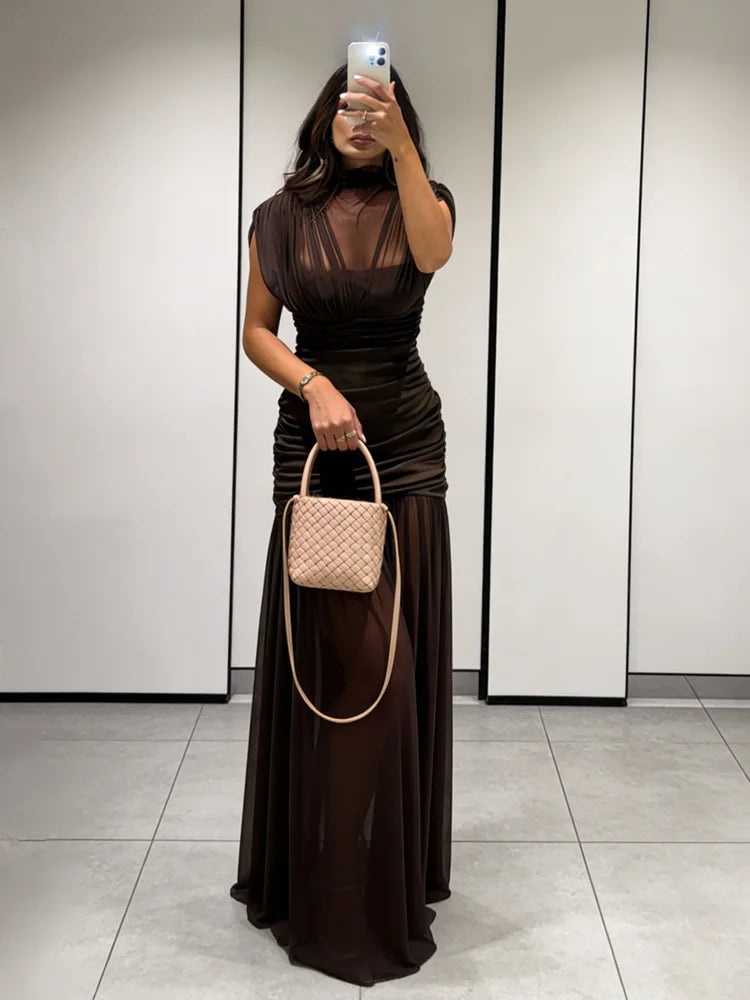 Tossy Black Mesh Fashion Maxi Dress For Women Sleeveless See-Through Patchwork Pleated Party Dress Female Autumn Long Dress 2025