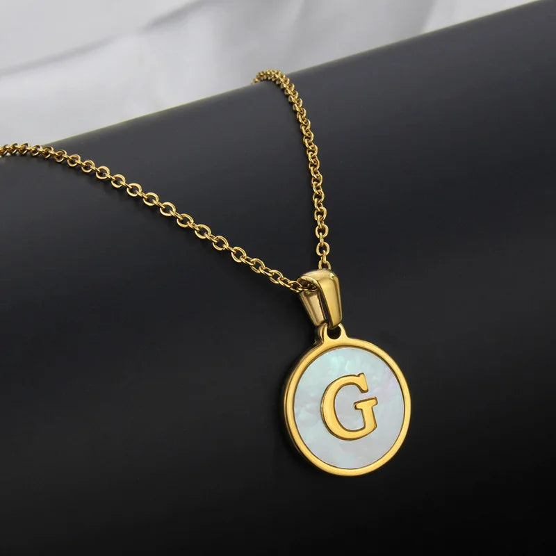 Initial Letter Necklaces for Women Trendy Stainless Steel Circle Couple Pendant Inlaid Shell Jewelry