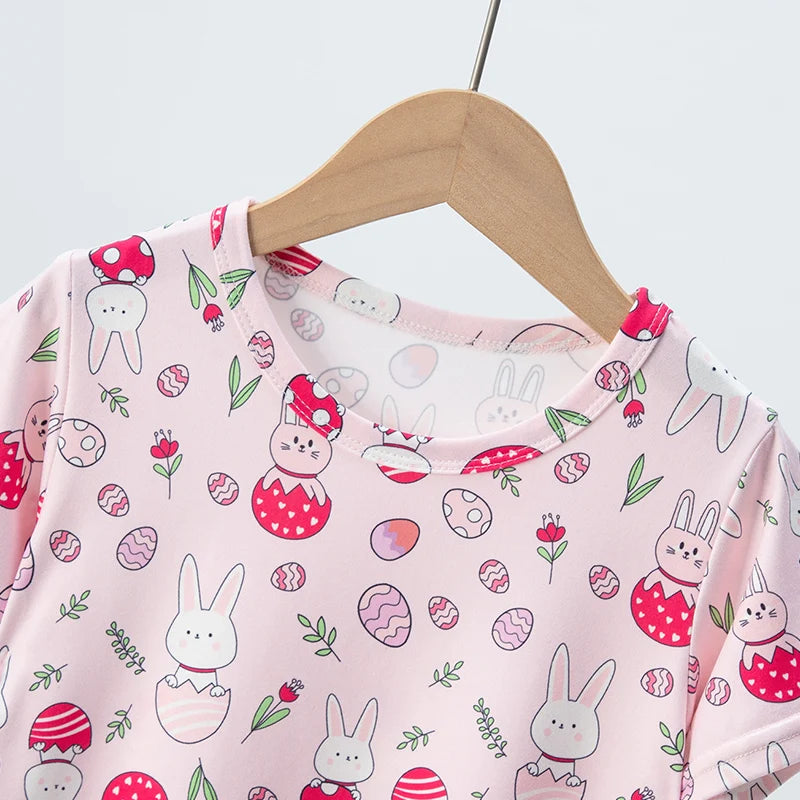 Summer CHILDREN'S Shorts and Short Sleeves 2-piece Pink Rabbit Girl Joker Casual Suit Home Clothes