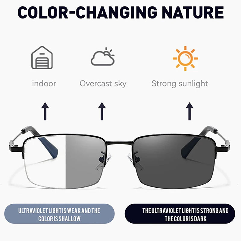 Adjustment Photochromic Multifocal Reading Glasses Men Progressive Anti-Blue Ray Business Spectacles Half-Frame Eyewear 1.0-3.5