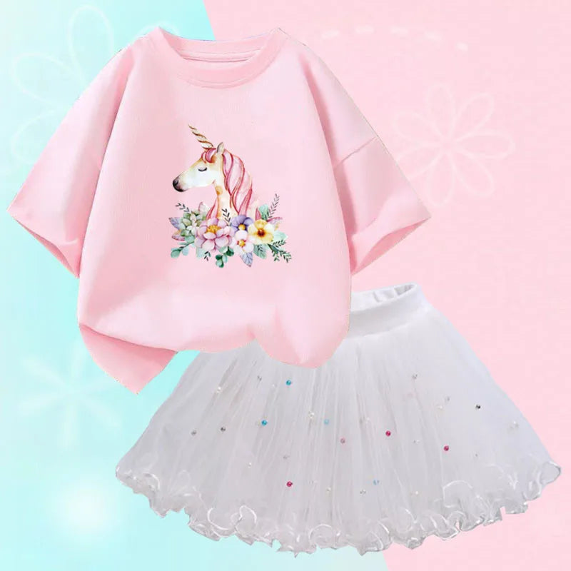 Fashion Summer Girls Outfits Pretty Ballet Dance Girl T-shirt and Tutu Skirt Set for Princess Clothes Suit Children Clothing
