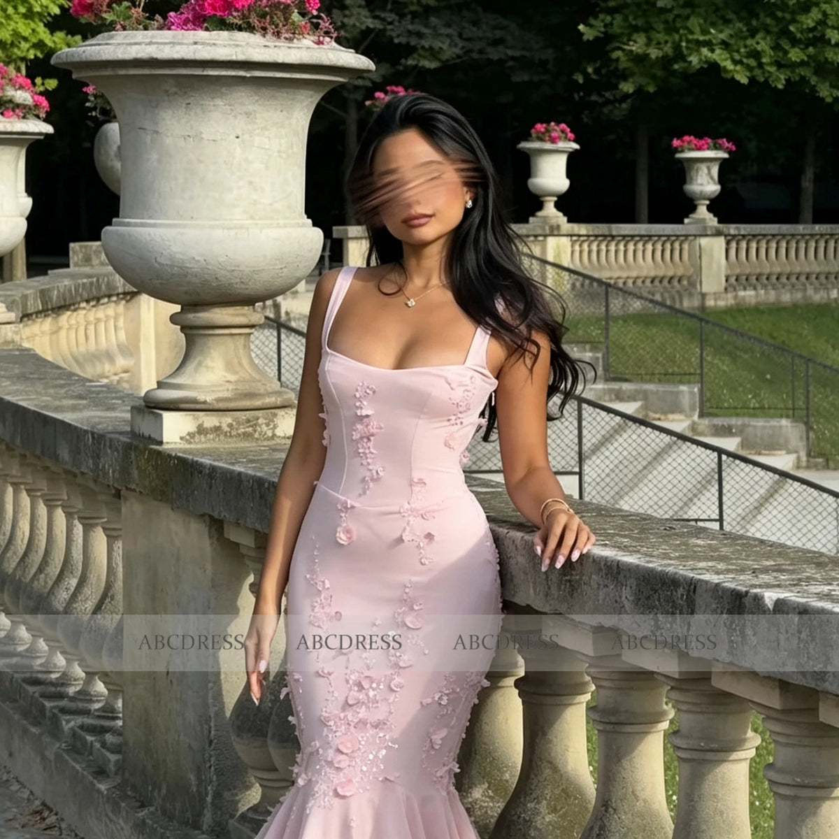 Customized Square Neck Spaghetti Strap Long Prom Dress 3D Floral Appliques Floral Formal Evening Mermaid Women Bridesmaid Dress