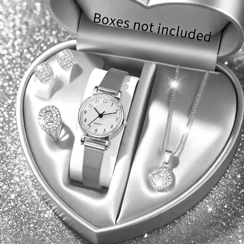 5PCS Fashion Arabic Dial Women Quartz Watch Rhinestone Jewelry Set Silvery Mesh Band Wristwatches Reloj Mujer（Without Box）