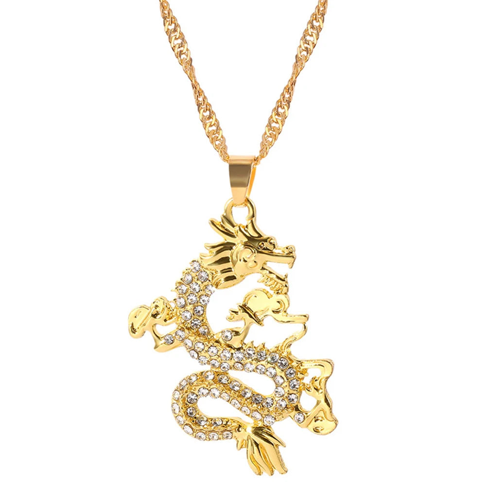 Chinese Style Gold Color Dragon Pendant for Men and Women, Charm Necklace, Creative, Luxury, Anniversary, Jewelry Accessories