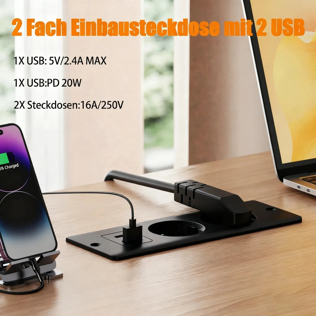 EU Black Recessed Table Desk Socket 2 Outlets with USB Type C 5V 2.1A AC110 220V Hidden Power Socket for Home Office