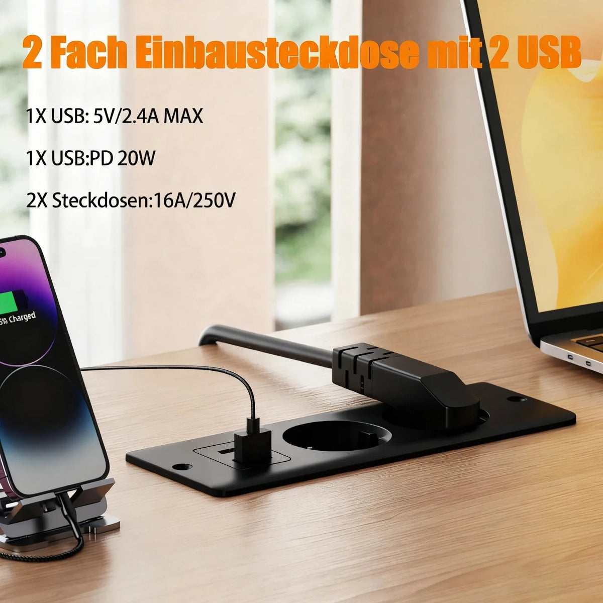 EU Black Recessed Table Desk Socket 2 Outlets with USB Type C 5V 2.1A AC110 220V Hidden Power Socket for Home Office