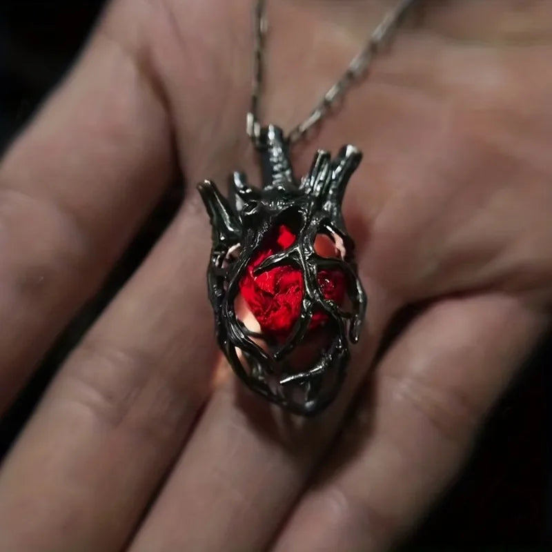 Geometric Three-dimensional Heart Inlaid with Red Synthetic Zirconia Pendant Necklace for Both Men and Women Daily Wear Jewelry