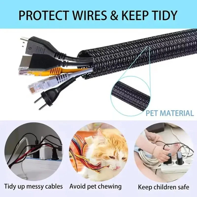 NEW 1-5M Self Closing Cable Protector Sleeve PET Braided Expandable Auto Line Management Flexible Loom Split Pipe Tube Protector