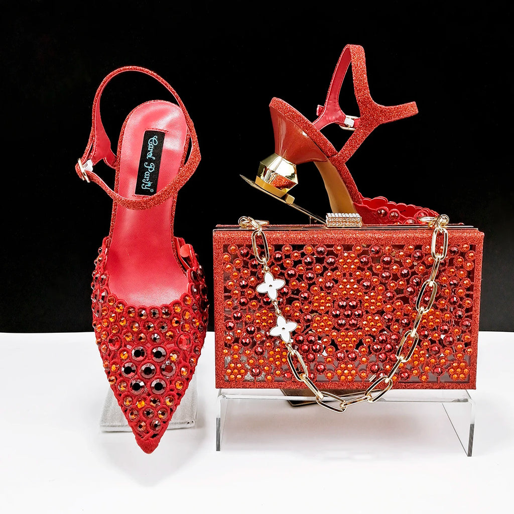 Happy Time Exquisite ! African Women's Shoes And Star Bag Rhinestone Embellished Pointed Toe Cutout Heels Square Clutch Bag