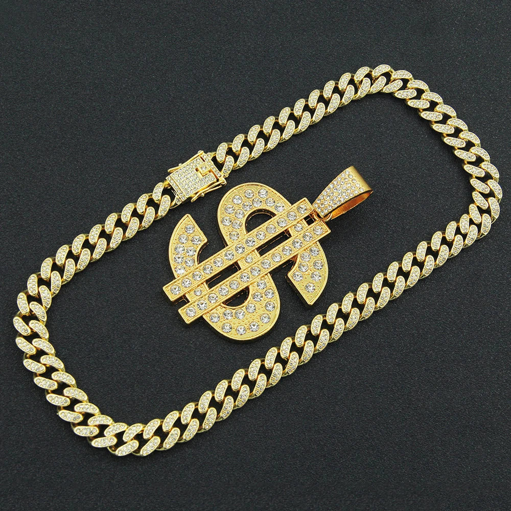 Fashion Hip Hop Dollar Pendant Necklace with 13mm Cuban Chain US Dollar Money Sign Necklaces Rap Rock Punk Jewelry For Man Gift