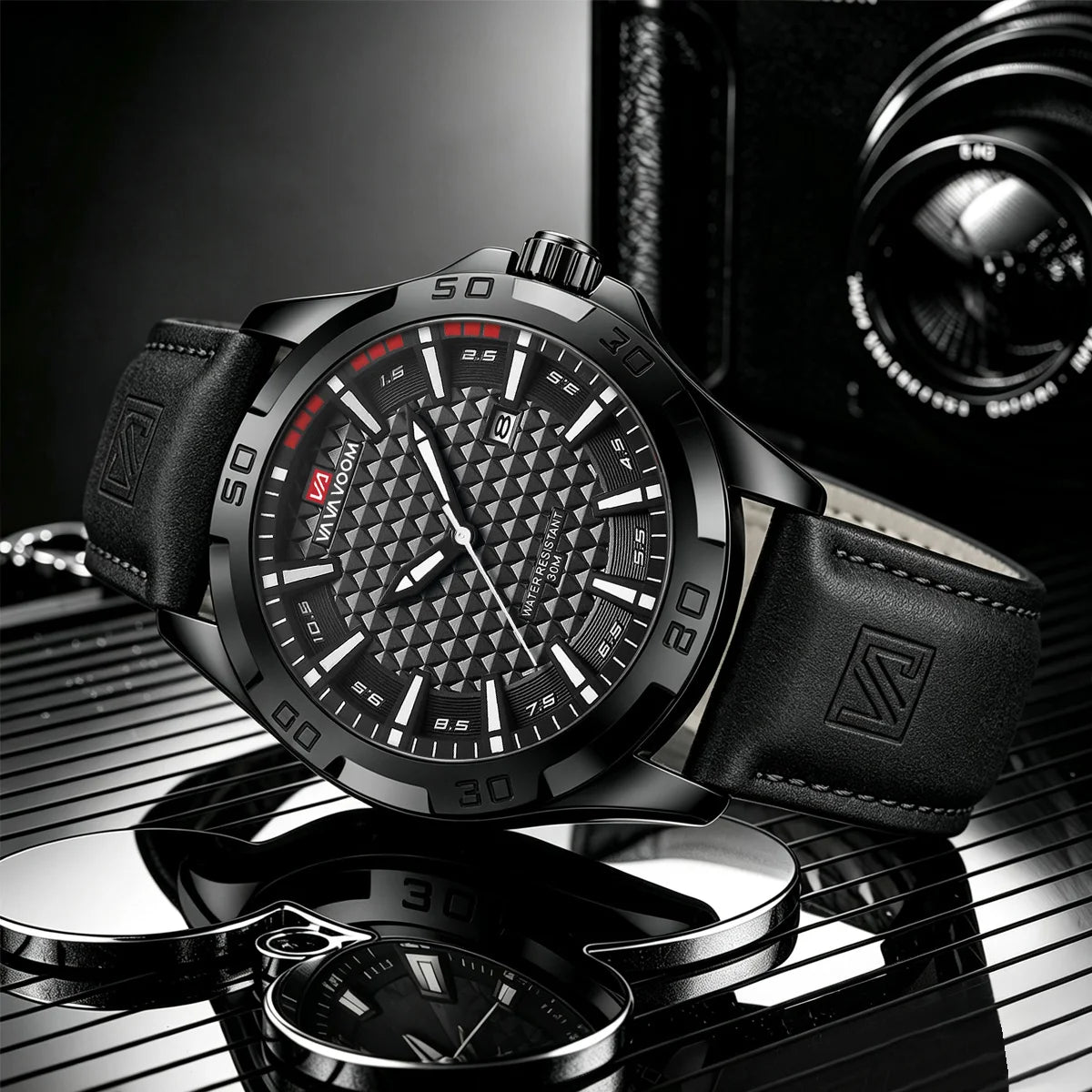 VA VA VOOM Men Casual Sport Military Quartz Calendar Wrist Watch for Man Business Leather Waterproof Male Clock Relogio Masculin