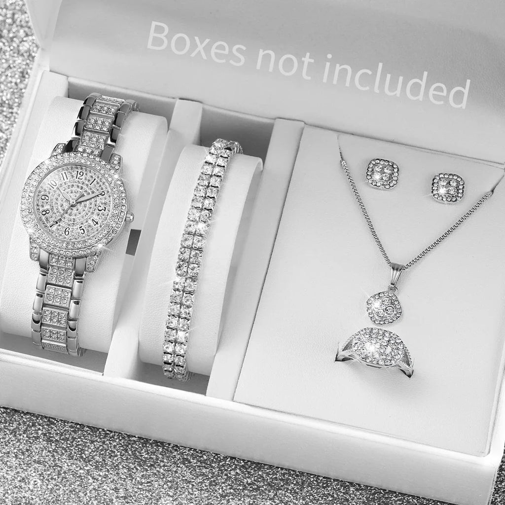 6PCS/Set Luxury Full Diamond Women Watches Fashion Ladies Quartz Wristwatch Jewelry Set Reloj Mujer（Without Box）