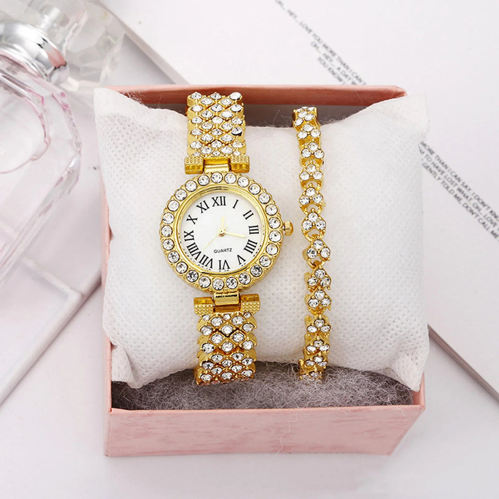 Fashion Women Elagant Watch Casual Simple Steel Strap Quartz Diamond Inlaid Watch Bracelet 2pcs Set Temperament Wearing Style