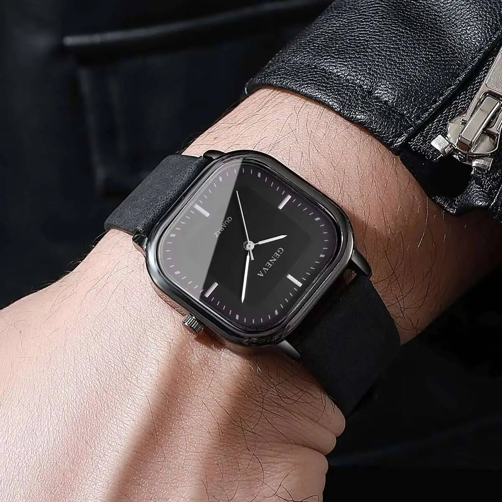 Fashion Square Minimalist Men's Quartz Watch Casual Leather Strap Wristwatch Reloj Hombre（Without Box）
