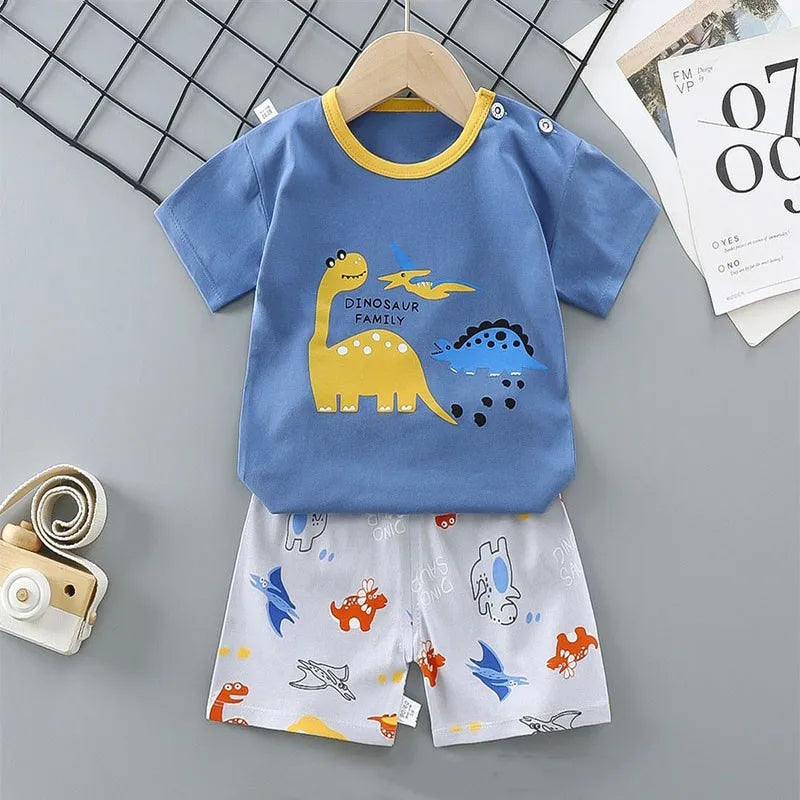 1-6 Y Kids Cartoon Excavator Striped T-Shirt+Shorts 2-Piece Set Cotton Pajama Baby Boys Girls Summer Casual Tracksuit Clothes Su