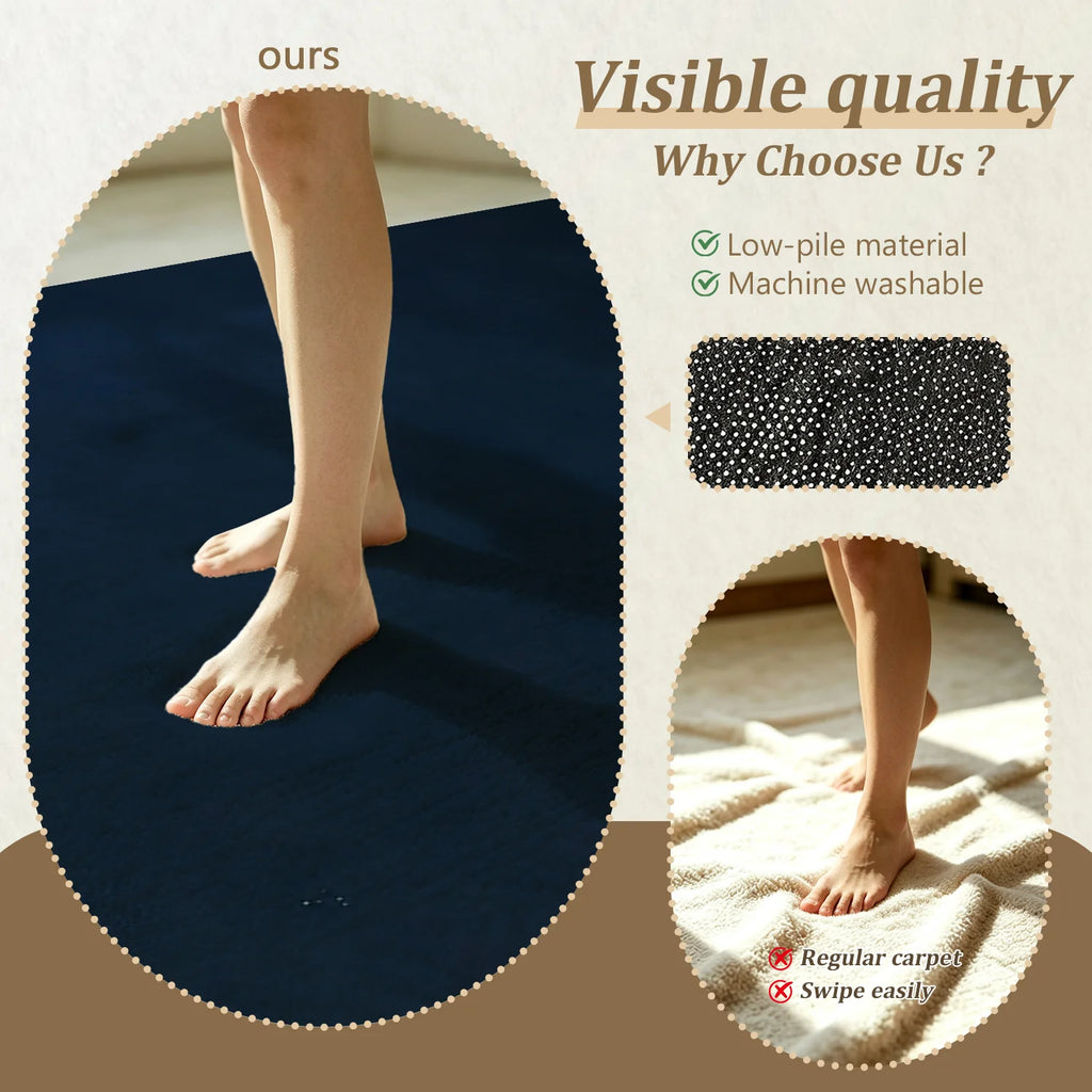 Large Navy Blue Velvet Low Pile Area Rug, Non-slip Dotted Backing, Machine Washable Soft Indoor Rug for Living Room, Bedroom, Home Floor Decor
