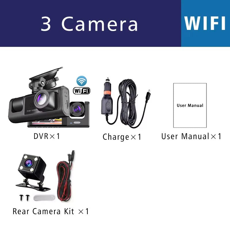 1080P 3 Channel Lens WiFi Dash Cam Car DVR Interior Vehicle Camera Mini Recorder Video Registrator Dashcam Three Way Camcord