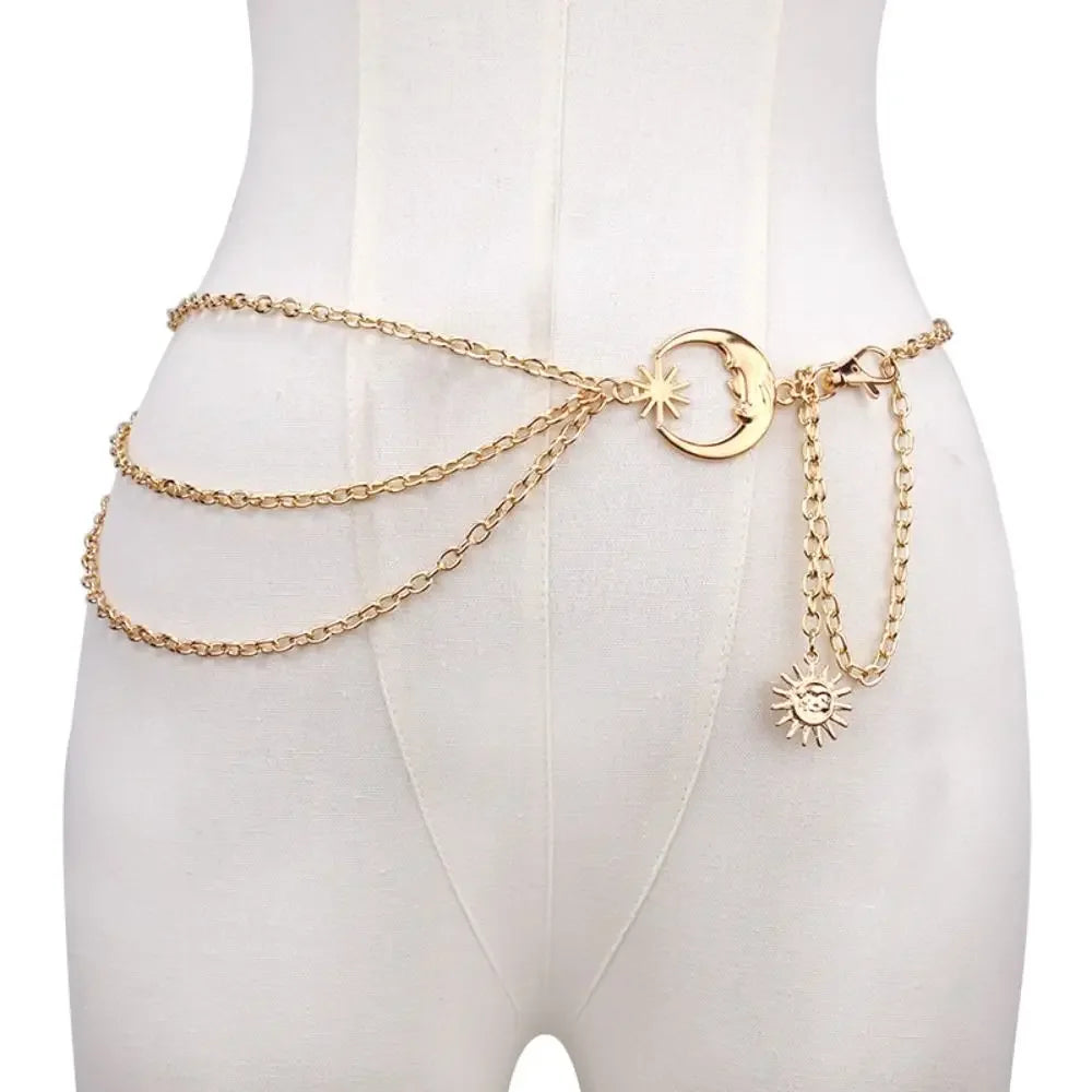 Punk Hip Hop Style Thin Waist Chain Sun Moon Star Women Chain Belt Vintage Fashion Metal Alloy Waistband Clothing Accessories