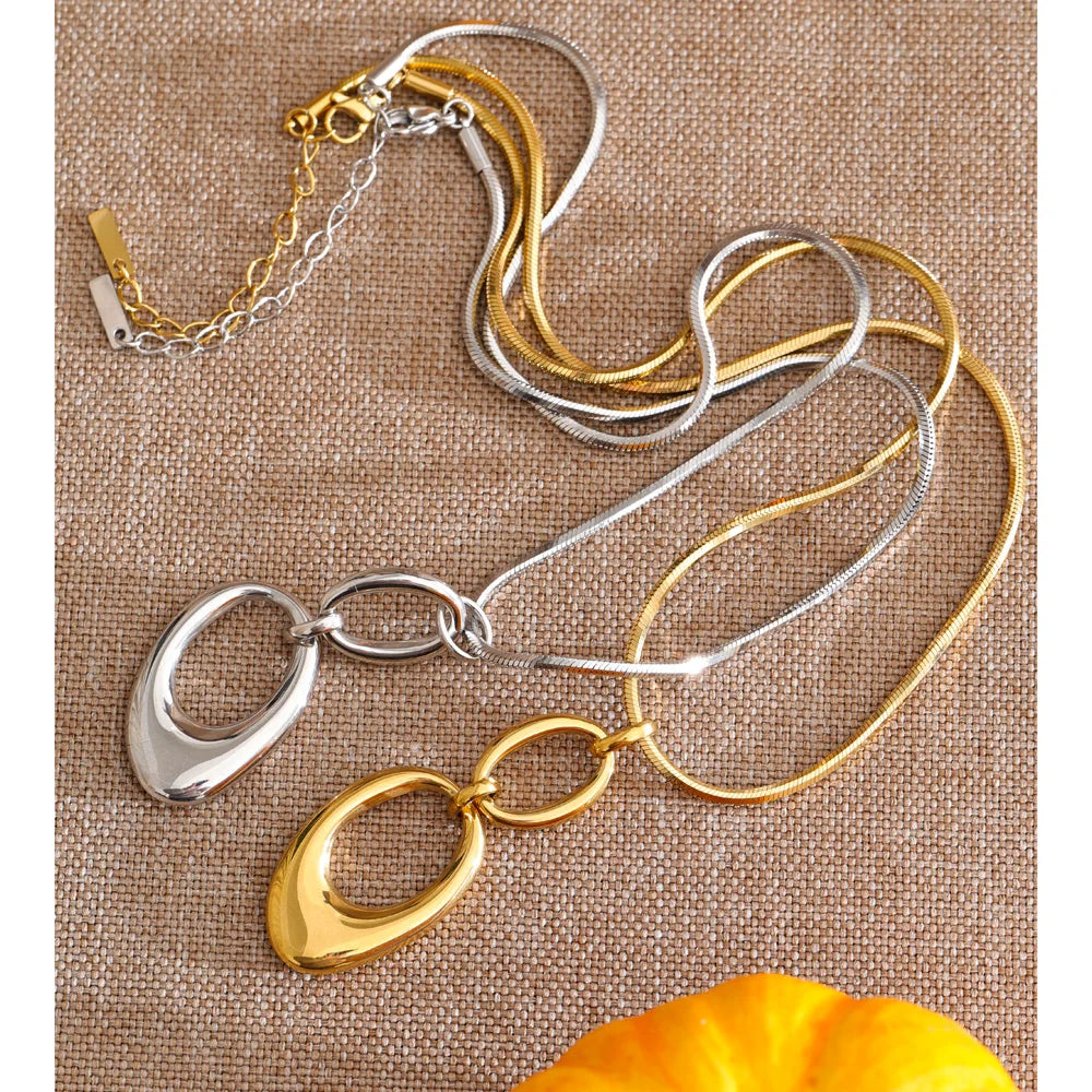 Yhpup 2026 Stainless Steel Oval Pendant Necklace Tarnish Resistant 16K Gold Color PVD Plated Distinctive Collar Jewelry