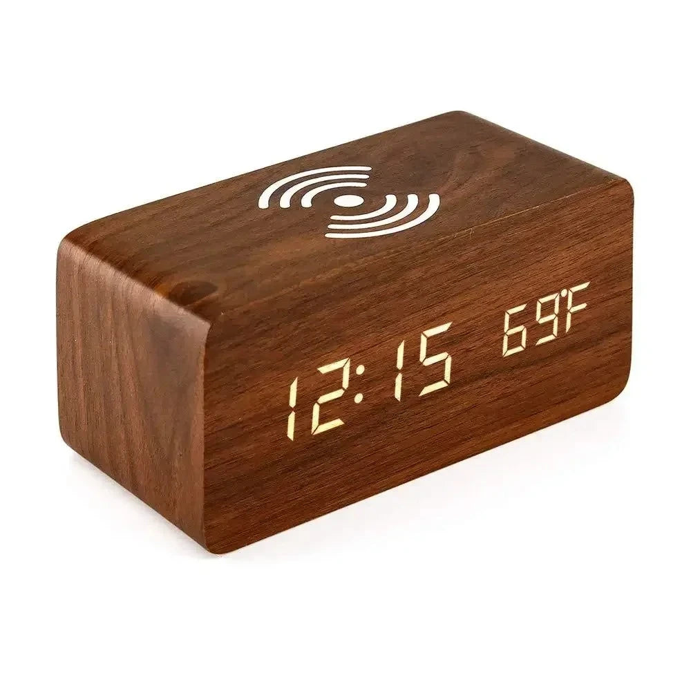 Wooden Digital LED Alarm Clock with Wireless Charging Time Date Temperature Display Desk Bedside Clock for Office