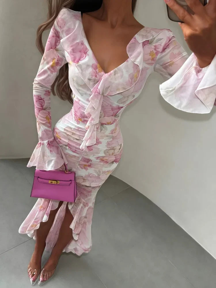 Pink Floral Print Maxi Dress V-neck Ruffle Trim Flare Women Sleeve Ruched High Slit Chiffon Dresses Elegant Evening Party Robe