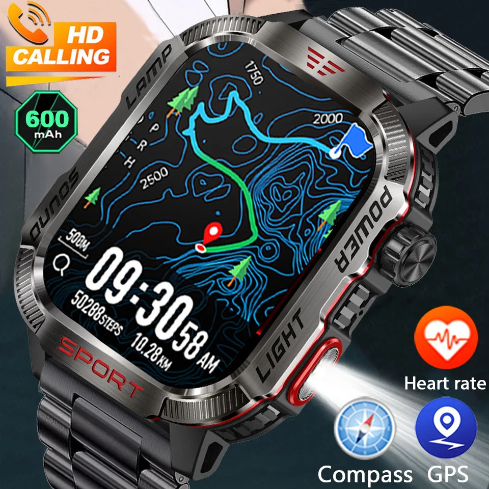 New Military Outdoor Smartwatch Men GPS Compass 600mAh BT Call 2.01" Screen Sports LED Flashlight 5ATM Waterproof Smart Watch