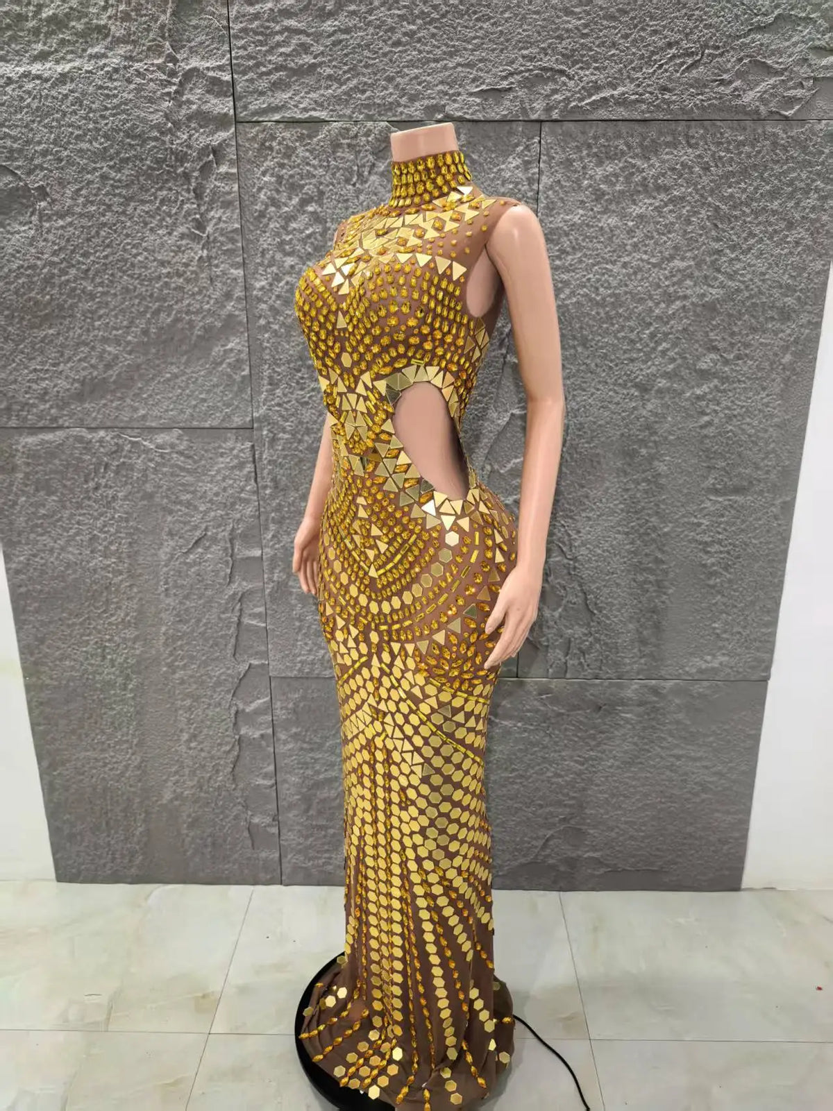 Shinning Golden Mirrors Women Sleeveless Sexy Hollow Out Waist Bodycon Long Dress Celebrate Birthday Performance Costume
