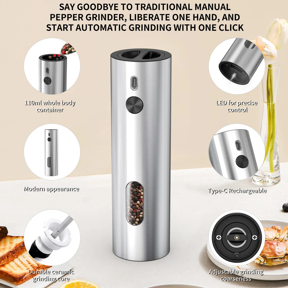 USB Rechargeable Salt and Pepper Grinder Set Stainless Steel Electric Pepper Grinder With 110ml Container Automatic Pepper Mills