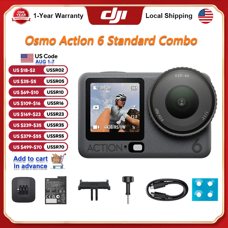 DJI Osmo Action 6 Standard Combo All-In-One Flagship Action Camera 8K Waterproof Action Camera with 1/1.1" Square Sensor Variable Aperture of f/2.0–f/4.0 Rocksteady 3.0 Cold-Resistant 4hrs Battery Built-in 50GB Storage Vlog