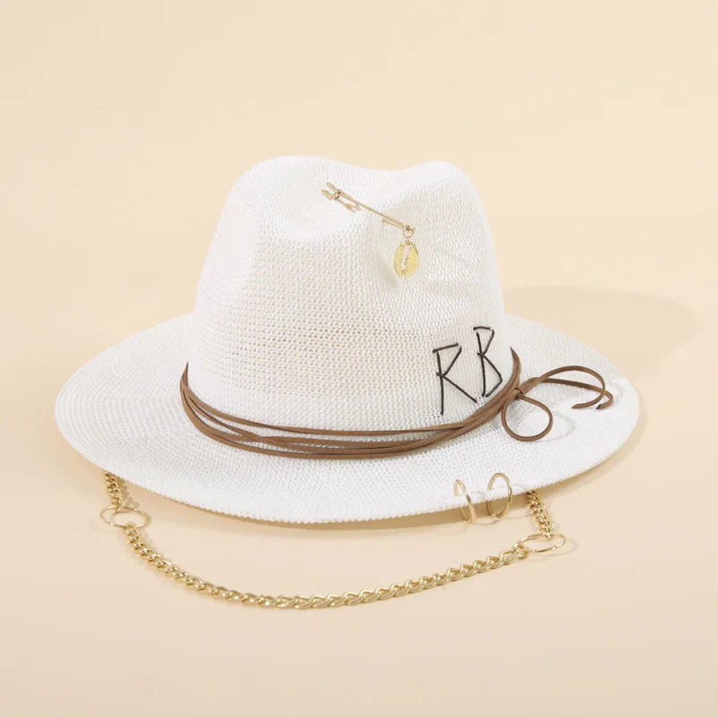 New Fashionable Metal  Letter Straw Hats for Women Men Summer Outdoor Holidays Beach Sun Hat Panama Hat