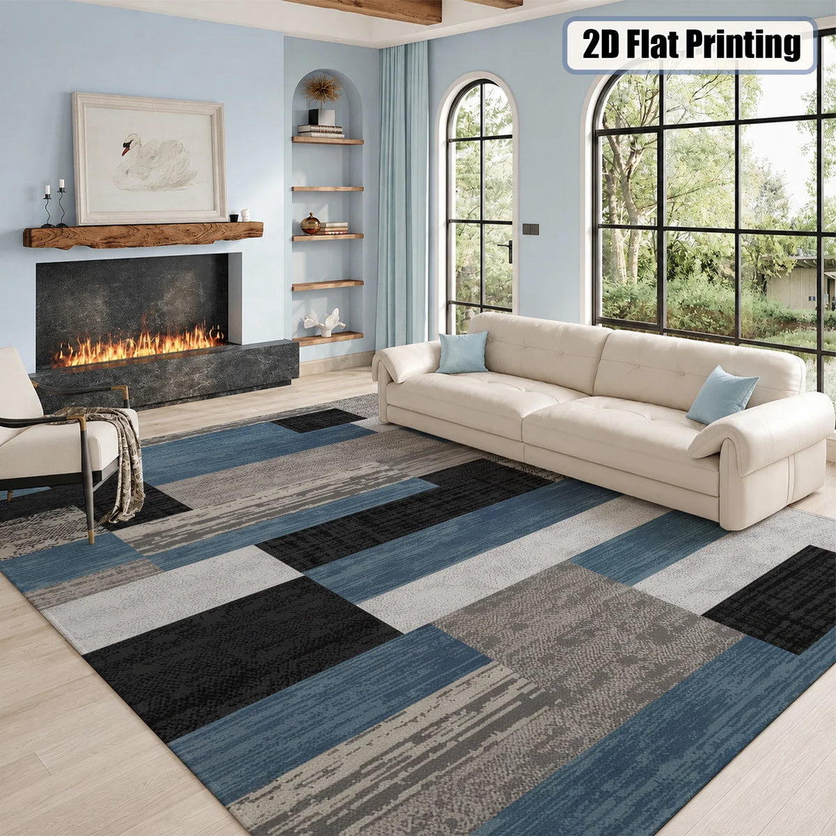 Large Indoor Area Rug Soft Velvet Low Pile with Non-Slip Dotted Backing, Machine Washable Modern Geometric Blue Gray Black Rug for Living Room Bedroom