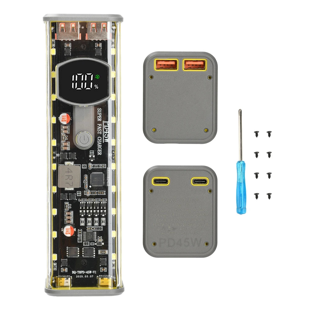 22.5W/45W 18650 Power Bank Case Fast Charging DIY Transparent Battery Storage Box Digital Display USB Type-C Battery Holder